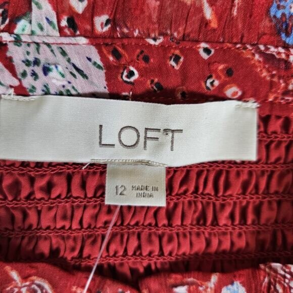Loft Garden Smocked Bodice Tiered Maxi Dress Floral Long Sleeve Red 12 Large NWT - Picture 13 of 16